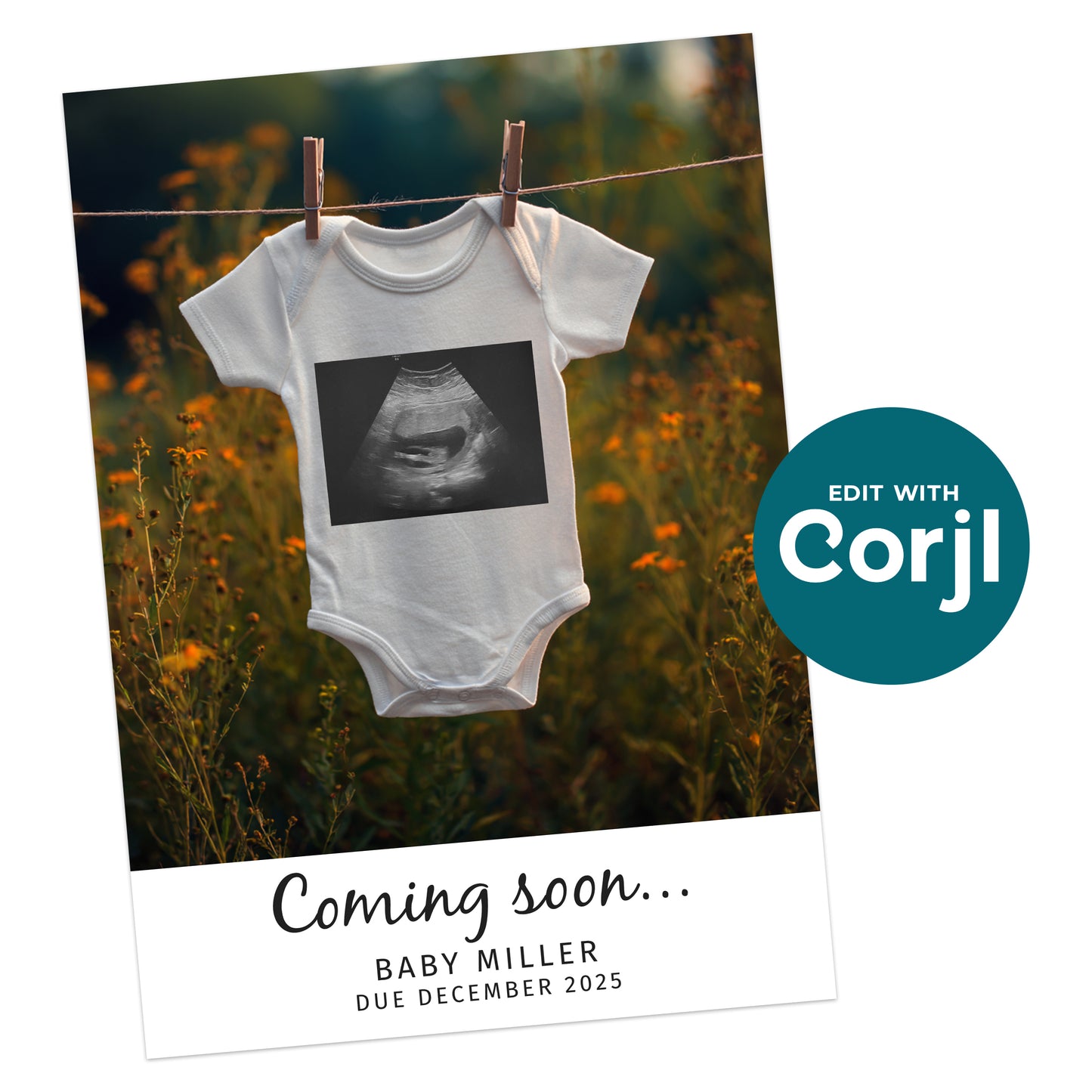 White baby onesie with an ultrasound image hangs on a line outdoors. Text below reads "Coming soon... Baby Miller, Due December 2025.