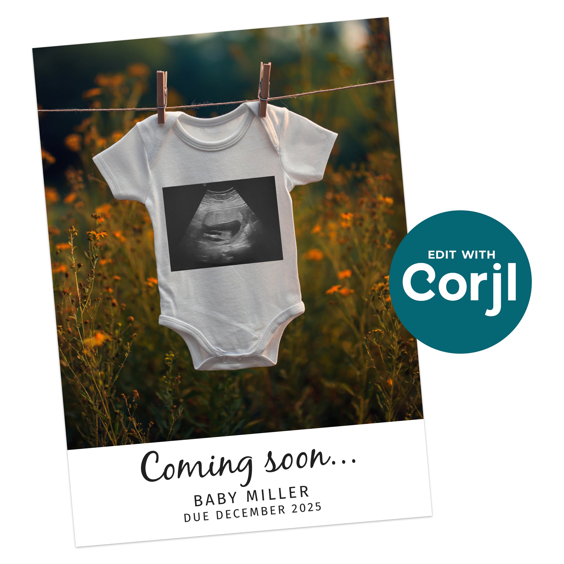 White baby onesie with an ultrasound image hangs on a line outdoors. Text below reads "Coming soon... Baby Miller, Due December 2025.