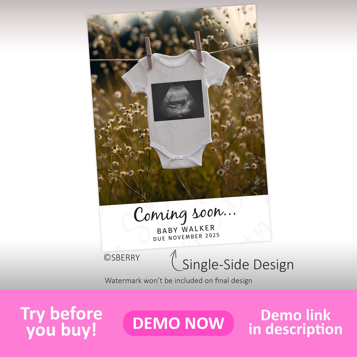 A white baby onesie with an ultrasound photo is hanging on a clothesline in a field, announcing "Coming soon... Baby Walker, due November 2025.