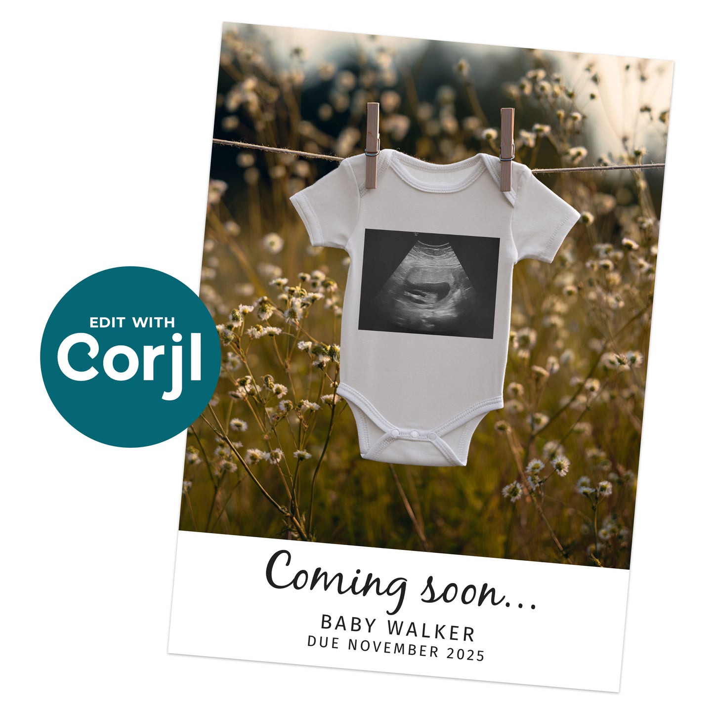 A white baby onesie with a sonogram image hangs on a clothesline in a field of flowers. Text below reads "Coming soon... Baby Walker, Due November 2025.