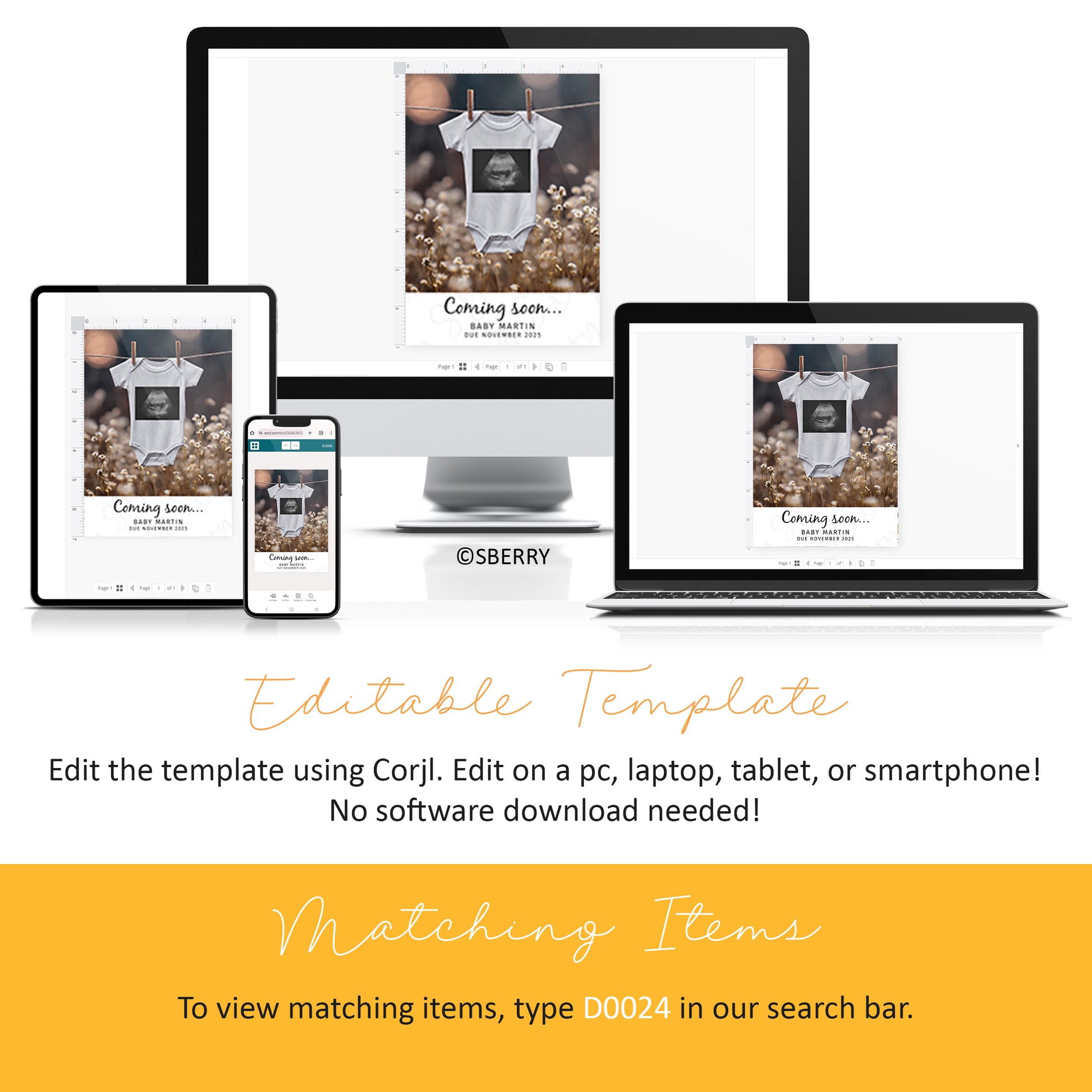 A digital announcement template is displayed on a desktop, laptop, tablet, and smartphone, with instructions for editing the template online using Corjl.