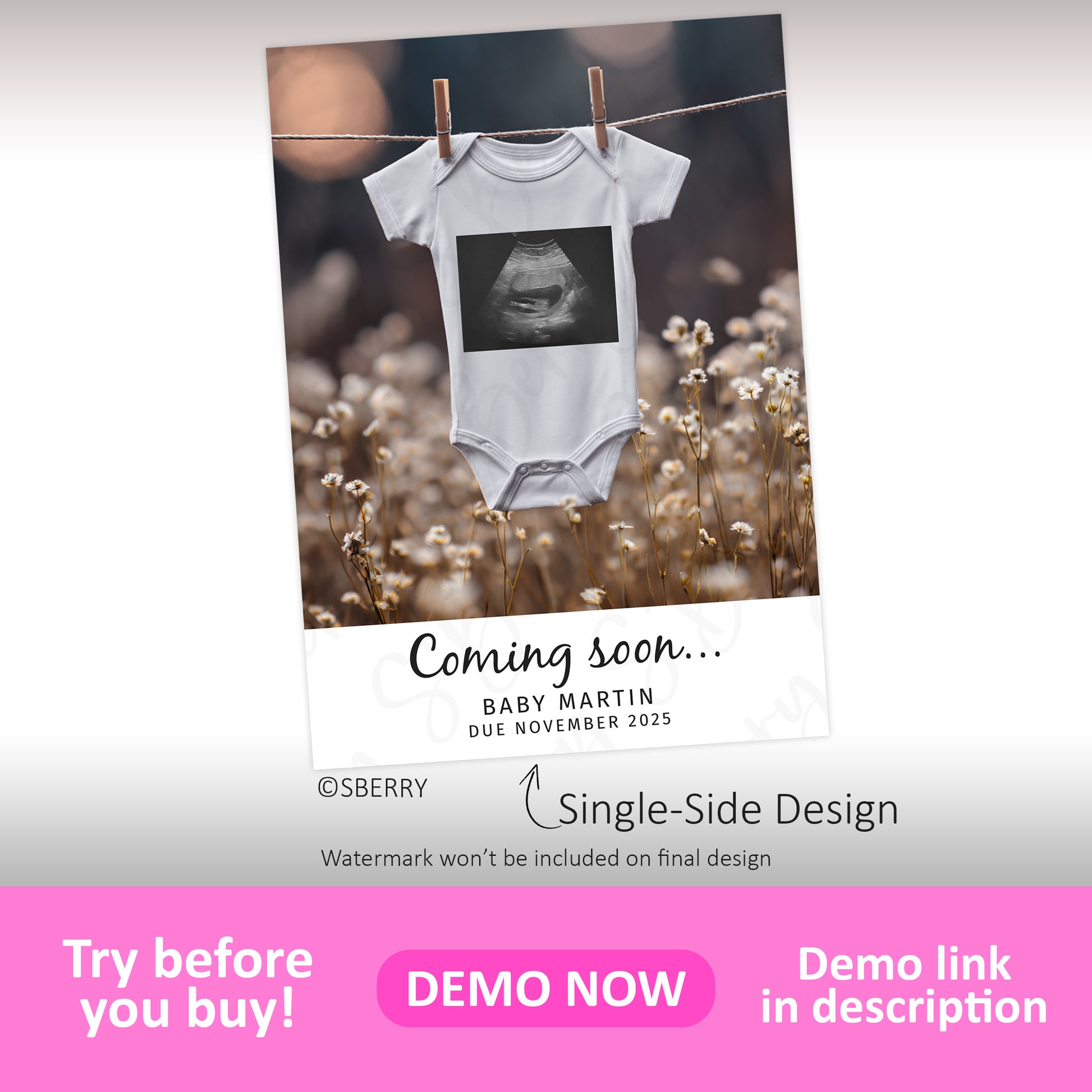A baby onesie with an ultrasound image is displayed on a card that reads, "Coming soon... Baby Martin, due November 2025." The card is set among wildflowers.