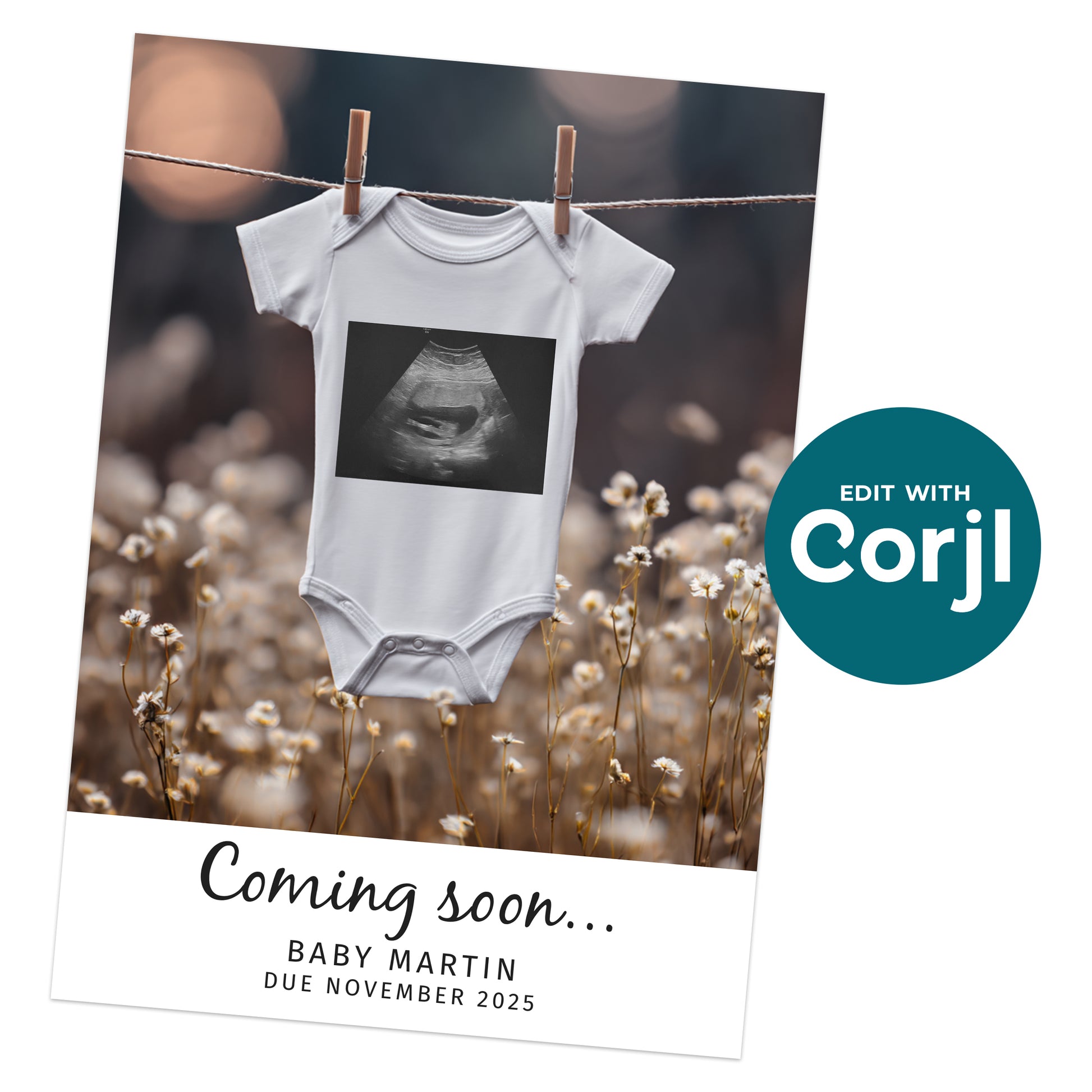 A baby onesie with an ultrasound image hangs on a clothesline in a field. Text below reads: "Coming soon... BABY MARTIN DUE NOVEMBER 2025.