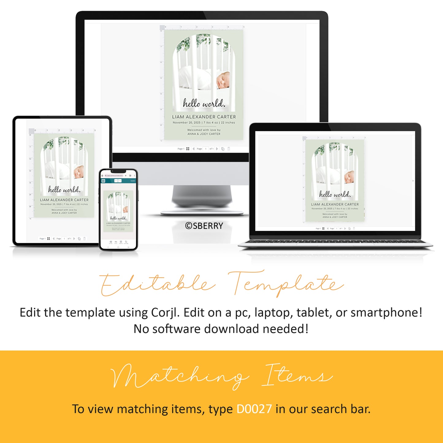 Editable newborn birth announcement template shown on phone, tablet, and desktop using Corjl, sage green baby photo announcement design