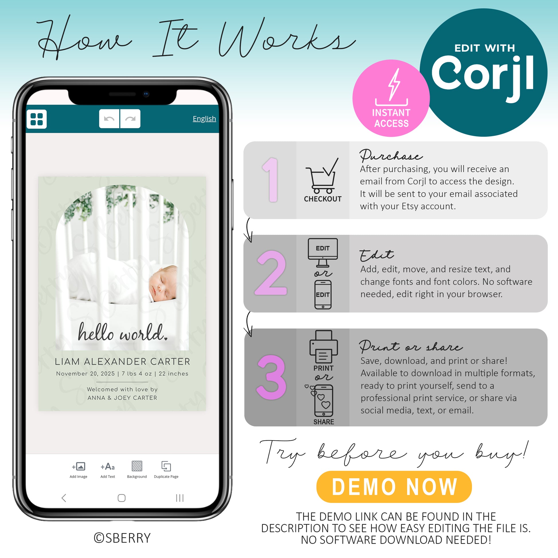 How to edit Corjl template infographic showing steps to purchase, customize, and download newborn baby announcement design