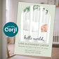 Newborn baby announcement card mockup with sleeping baby in crib, sage green design with customizable name, date, weight, and details
