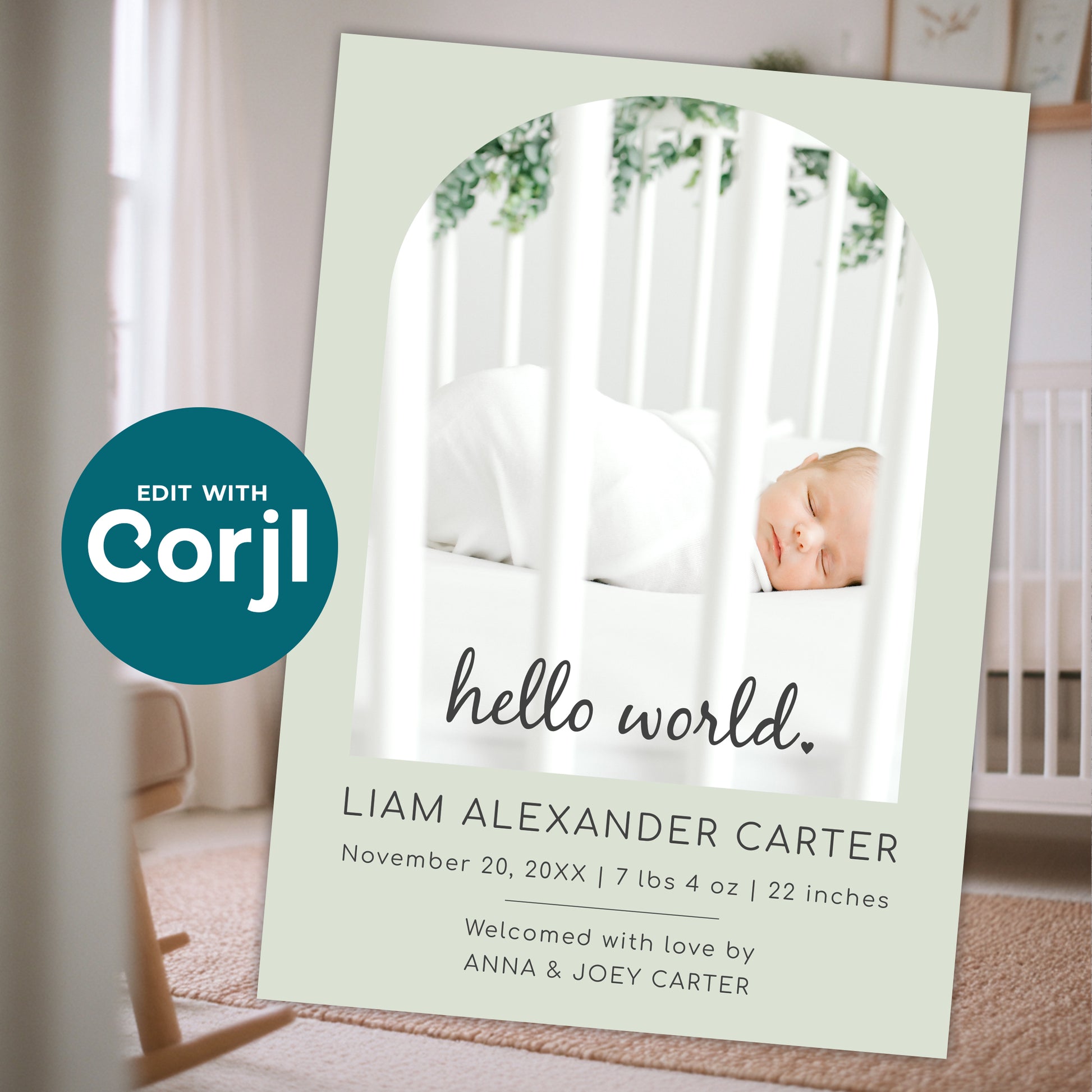 Newborn baby announcement card mockup with sleeping baby in crib, sage green design with customizable name, date, weight, and details