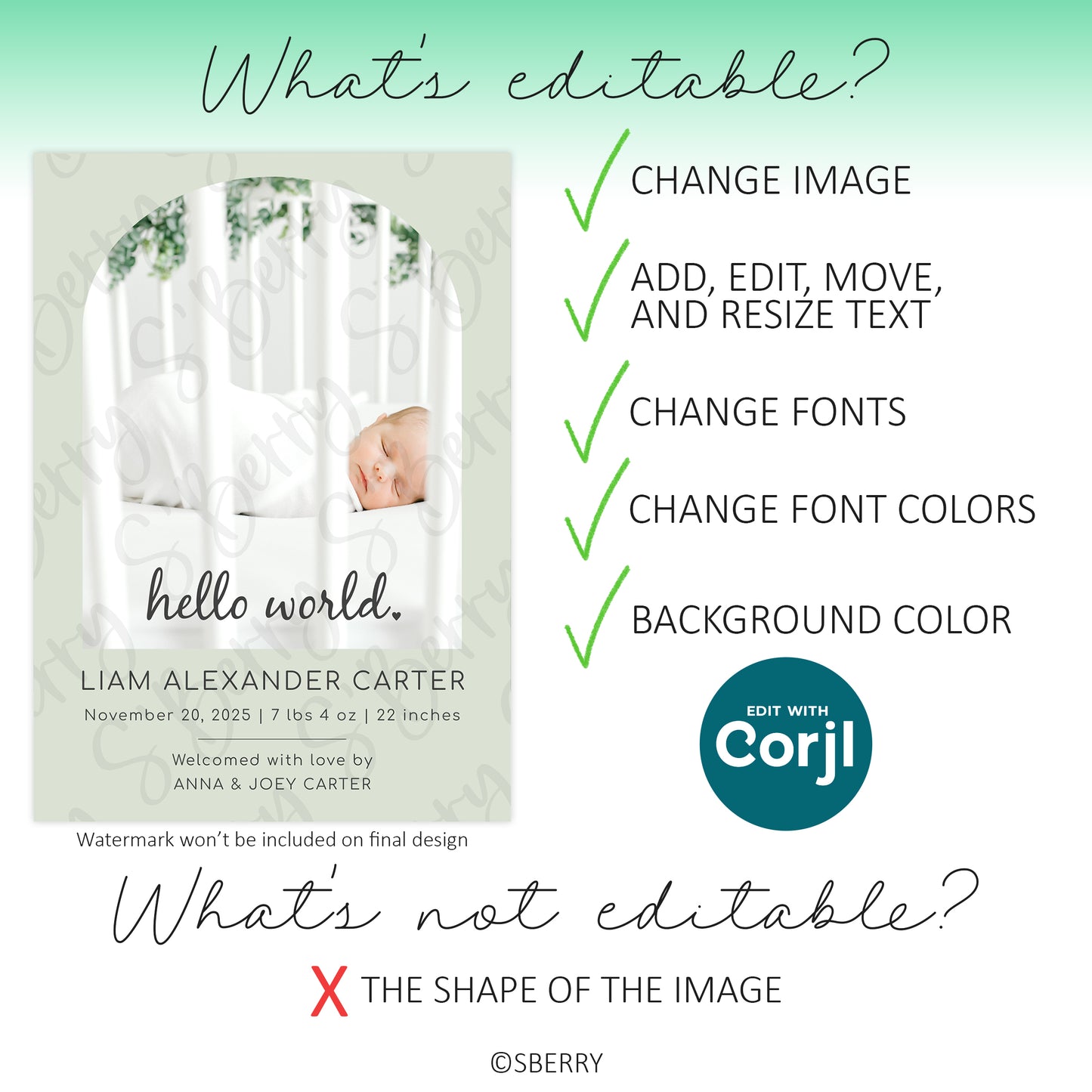 Editable template features showing image replacement, text editing, font changes, and color customization for baby announcement design