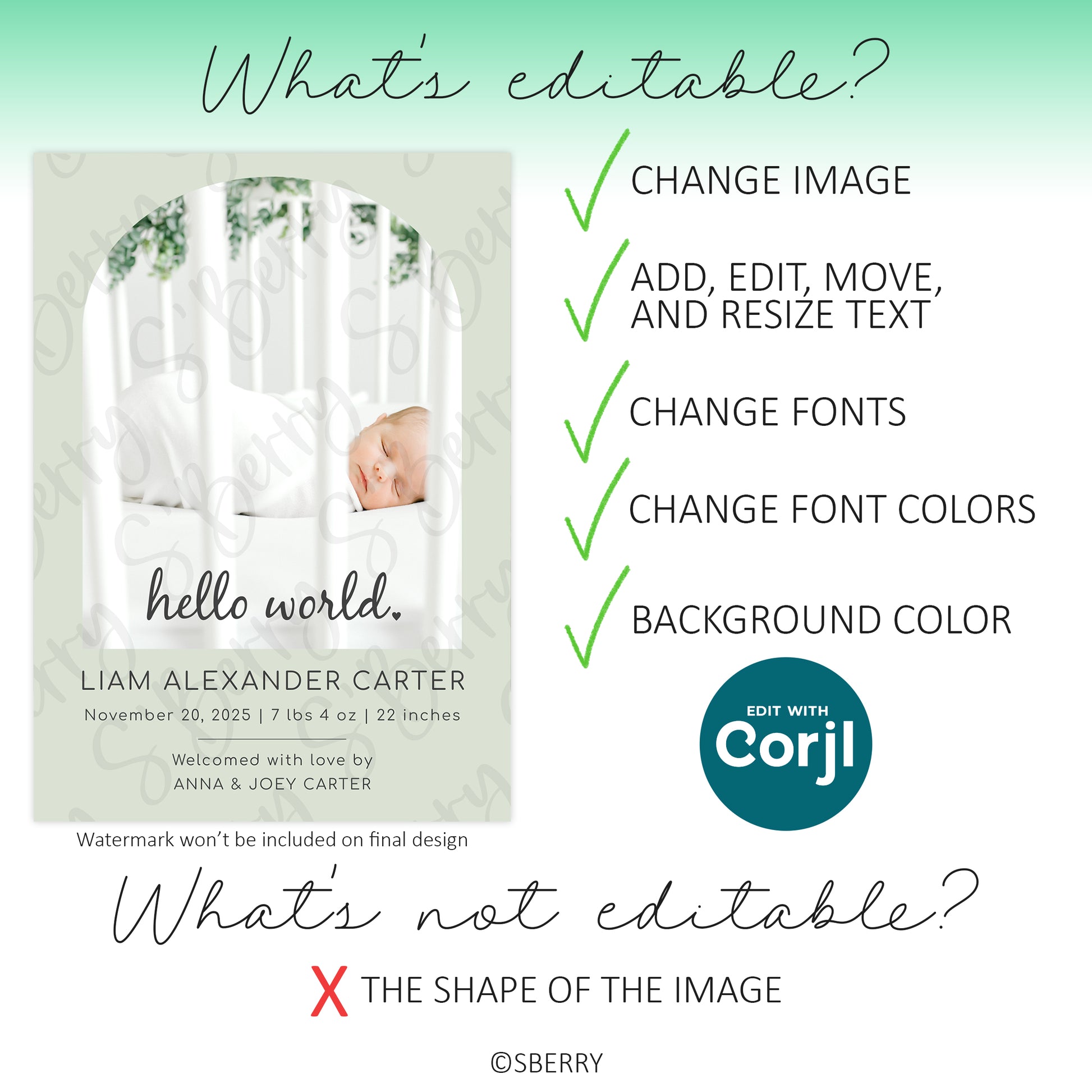 Editable template features showing image replacement, text editing, font changes, and color customization for baby announcement design