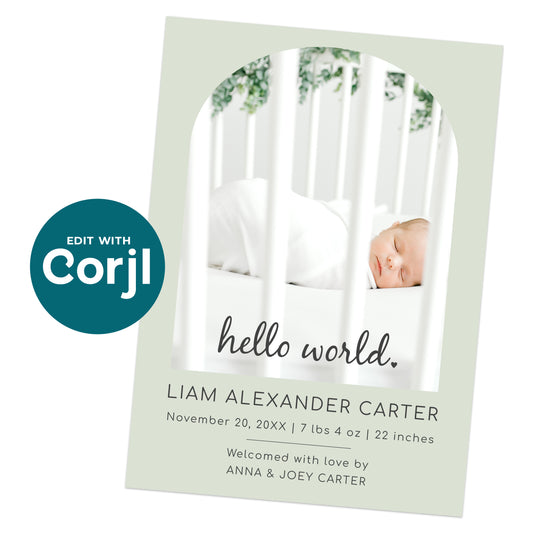 Minimalist baby birth announcement template with sleeping newborn photo and sage green layout, editable Corjl design