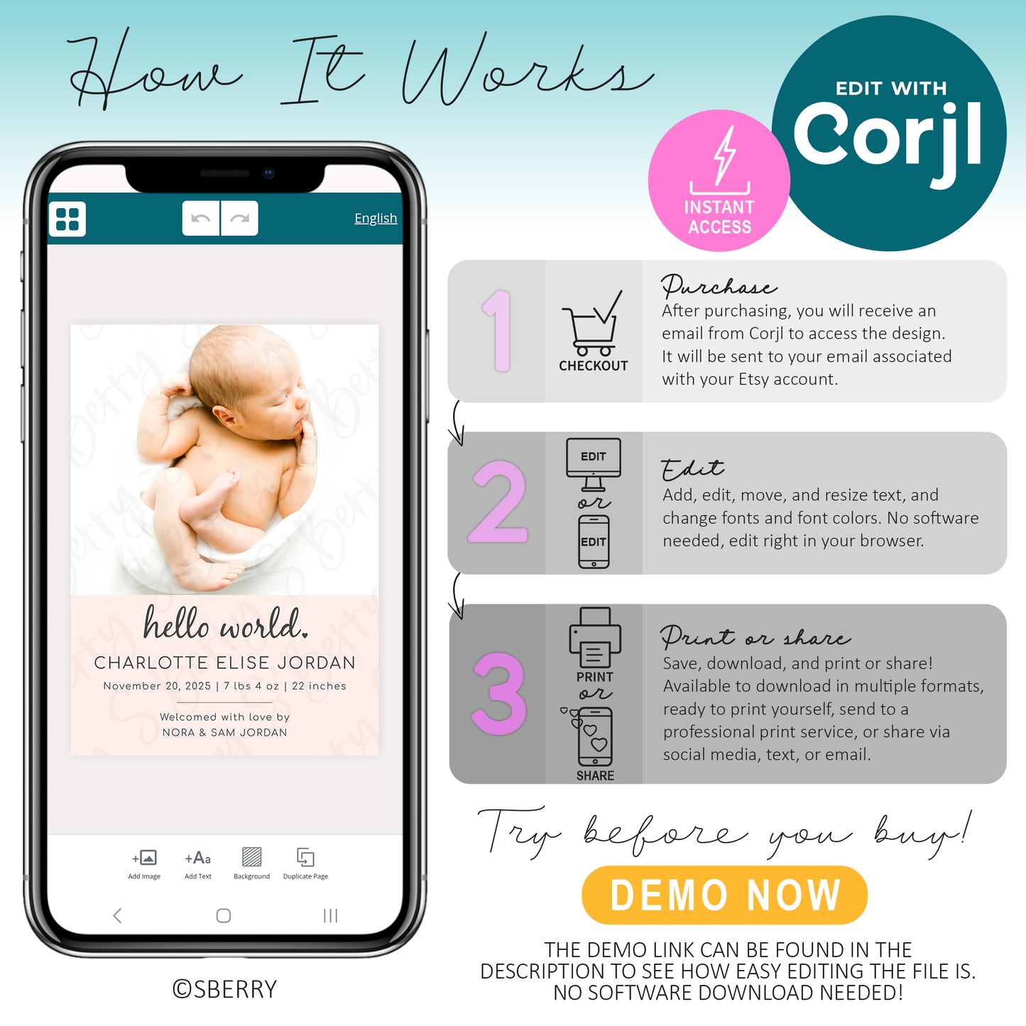 How to edit Corjl template infographic showing steps to purchase, customize, and download baby announcement template