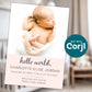 Newborn baby announcement card mockup with sleeping baby, blush pink design with customizable name, birth date, weight, and details