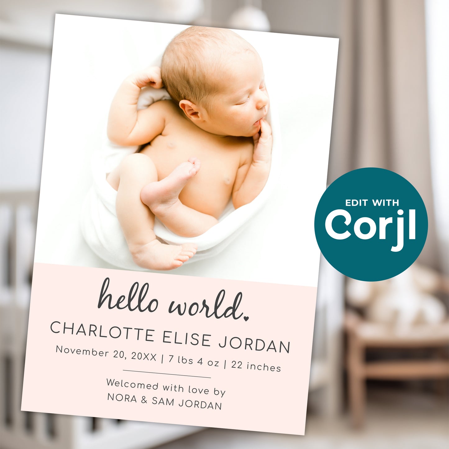 Newborn baby announcement card mockup with sleeping baby, blush pink design with customizable name, birth date, weight, and details