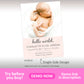Editable single-sided baby birth announcement template with photo, name, and birth details in soft pink minimal design