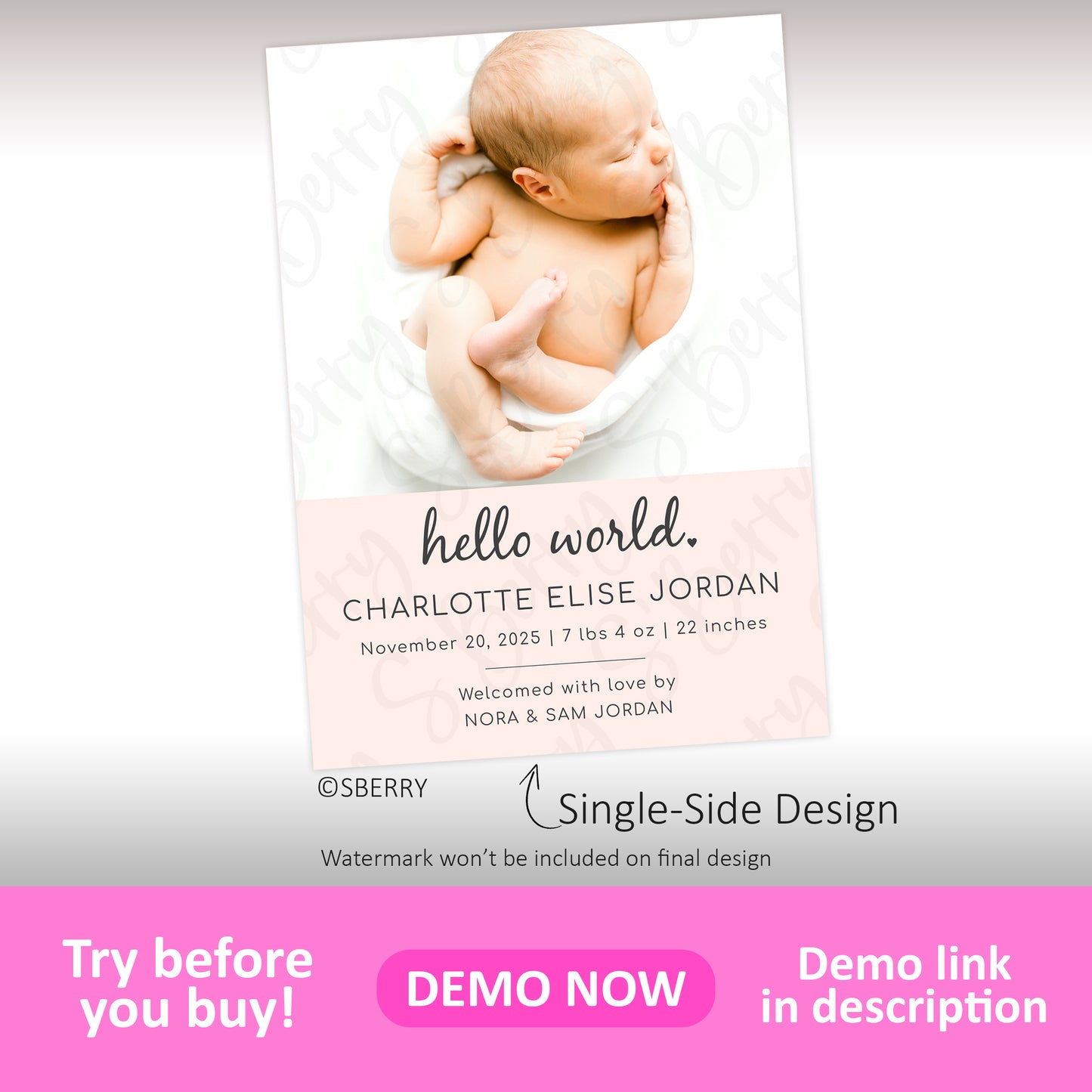 Editable single-sided baby birth announcement template with photo, name, and birth details in soft pink minimal design
