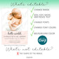 Editable template features showing photo replacement, text editing, font changes, and color customization for baby announcement