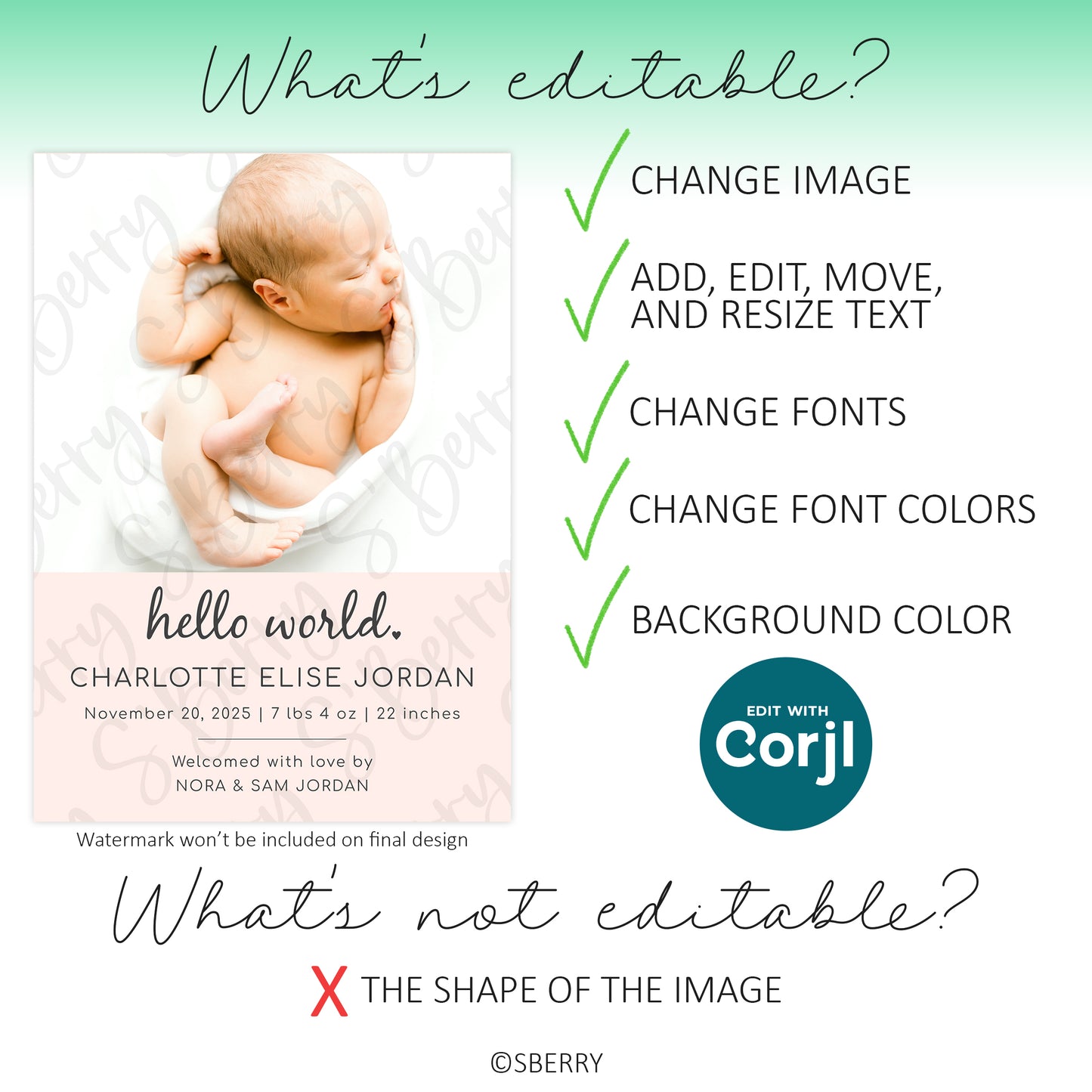 Editable template features showing photo replacement, text editing, font changes, and color customization for baby announcement