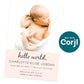 Minimalist baby birth announcement template with newborn photo and blush pink layout, editable Corjl design