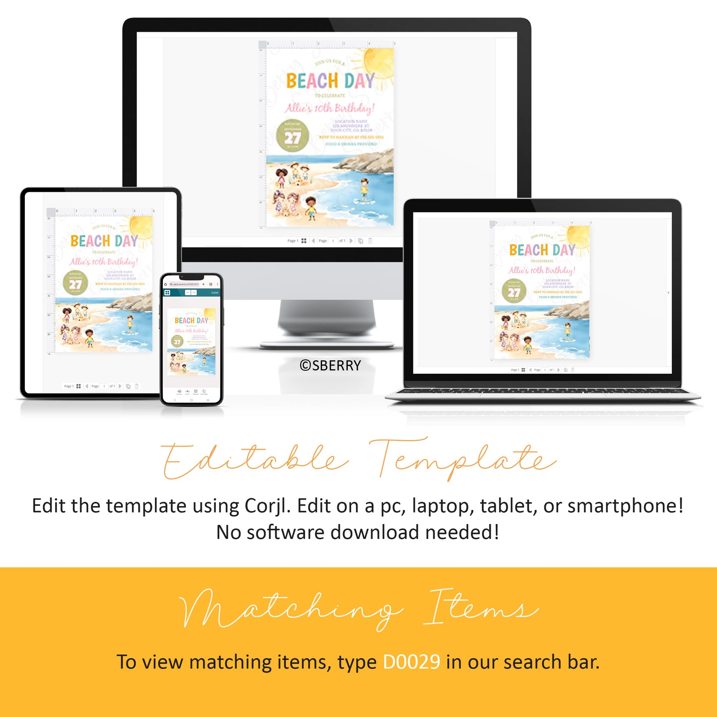 Editable beach birthday invitation template displayed on desktop, laptop, tablet, and phone, Corjl instant download summer party invite