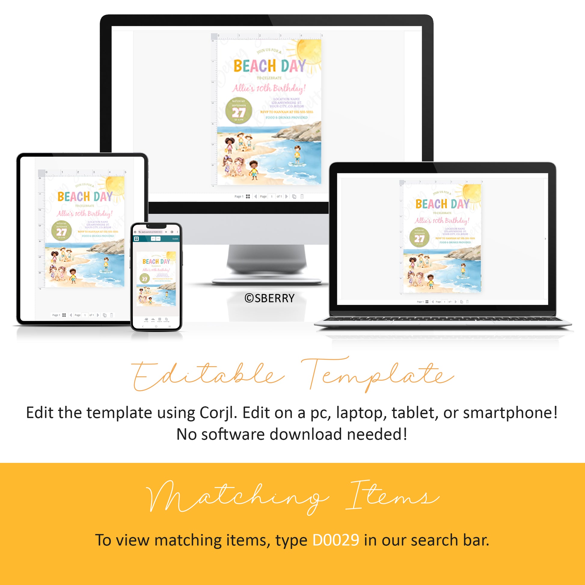 Editable beach birthday invitation template displayed on desktop, laptop, tablet, and phone, Corjl instant download summer party invite