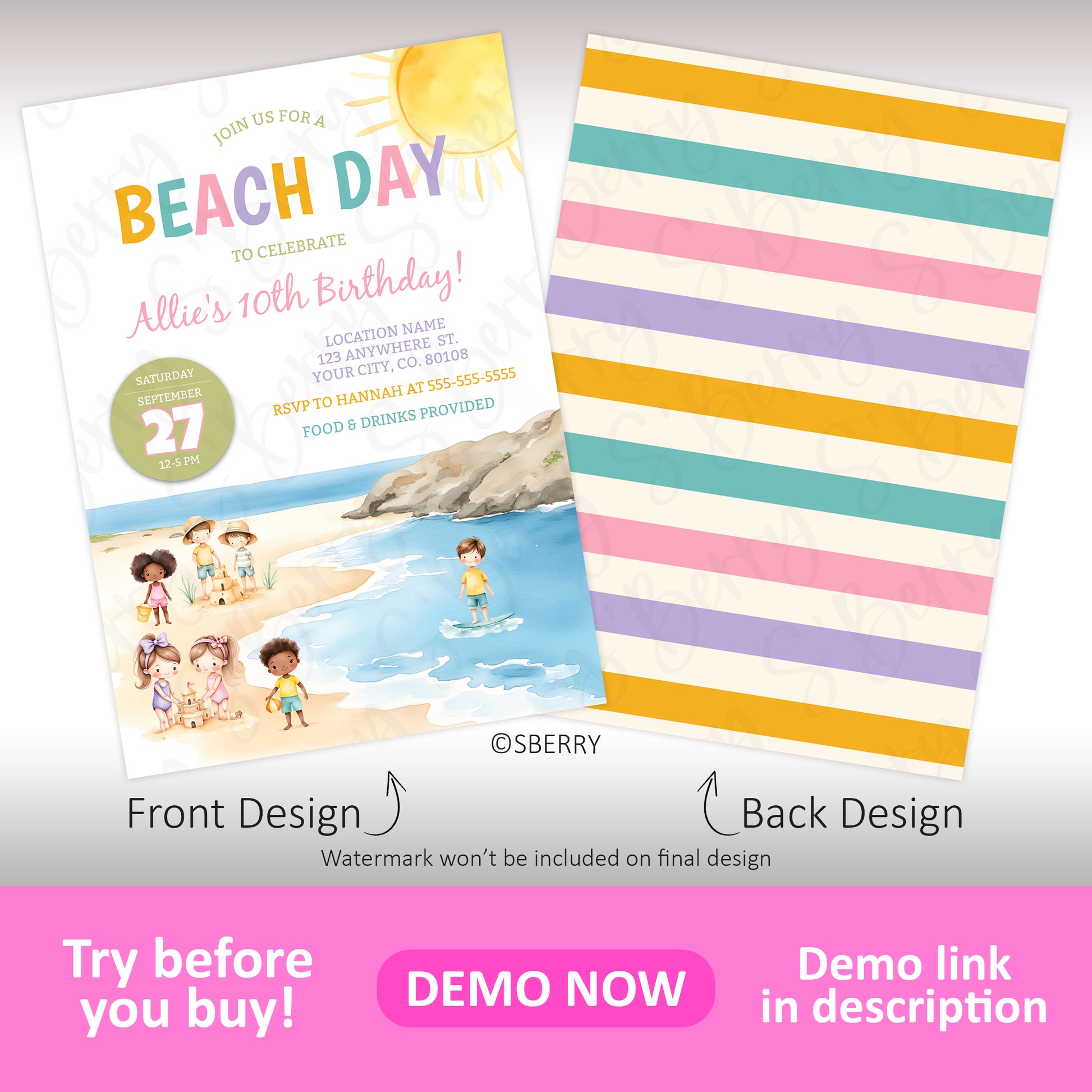 Beach birthday invitation template with kids playing in sand and ocean scene on front and colorful pastel stripe pattern on back