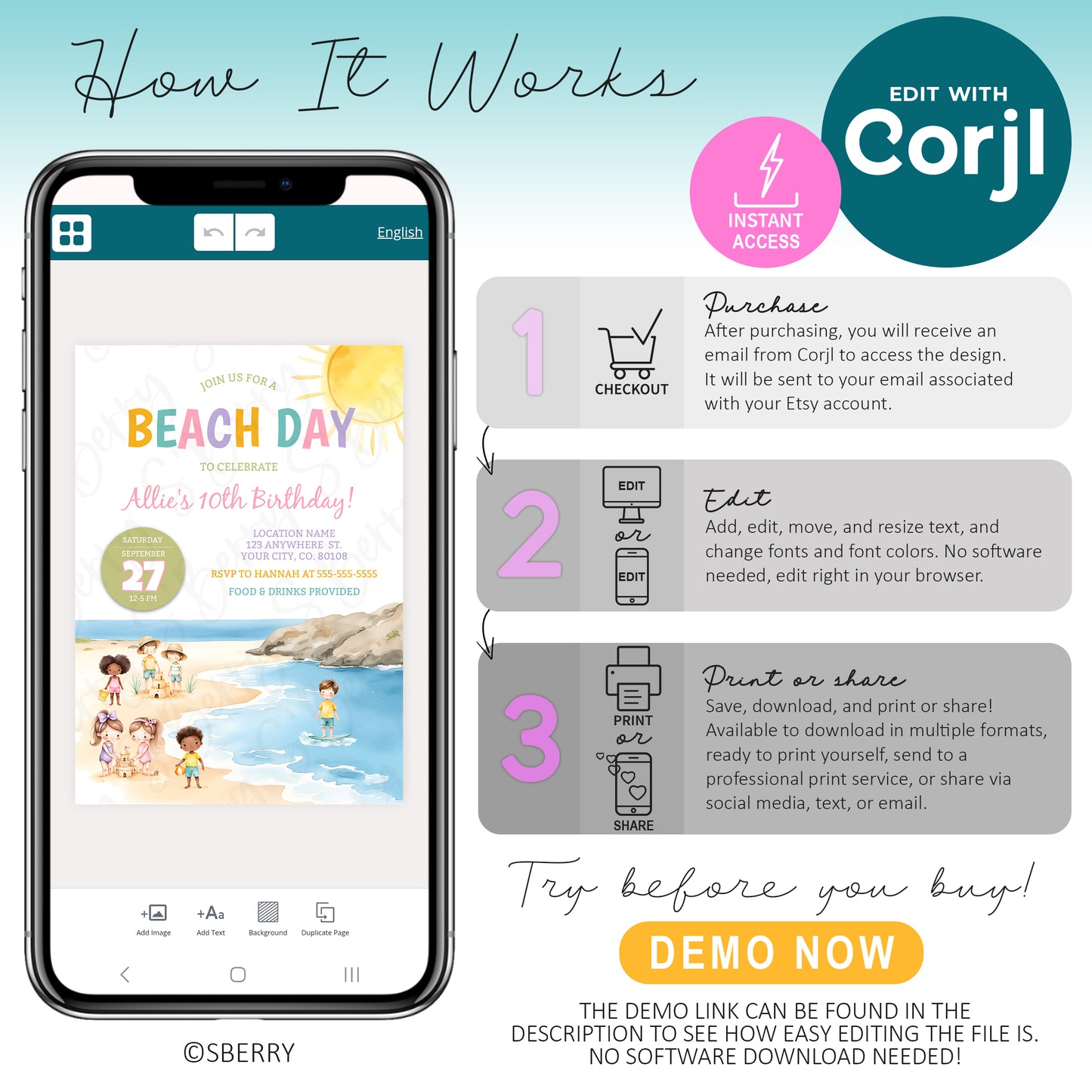 How to edit beach birthday invitation template in Corjl on mobile phone, instant download invite, customize text and download