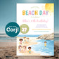 Beach birthday invitation template with ocean background, summer kids party invite with beach scene illustration, editable Corjl design