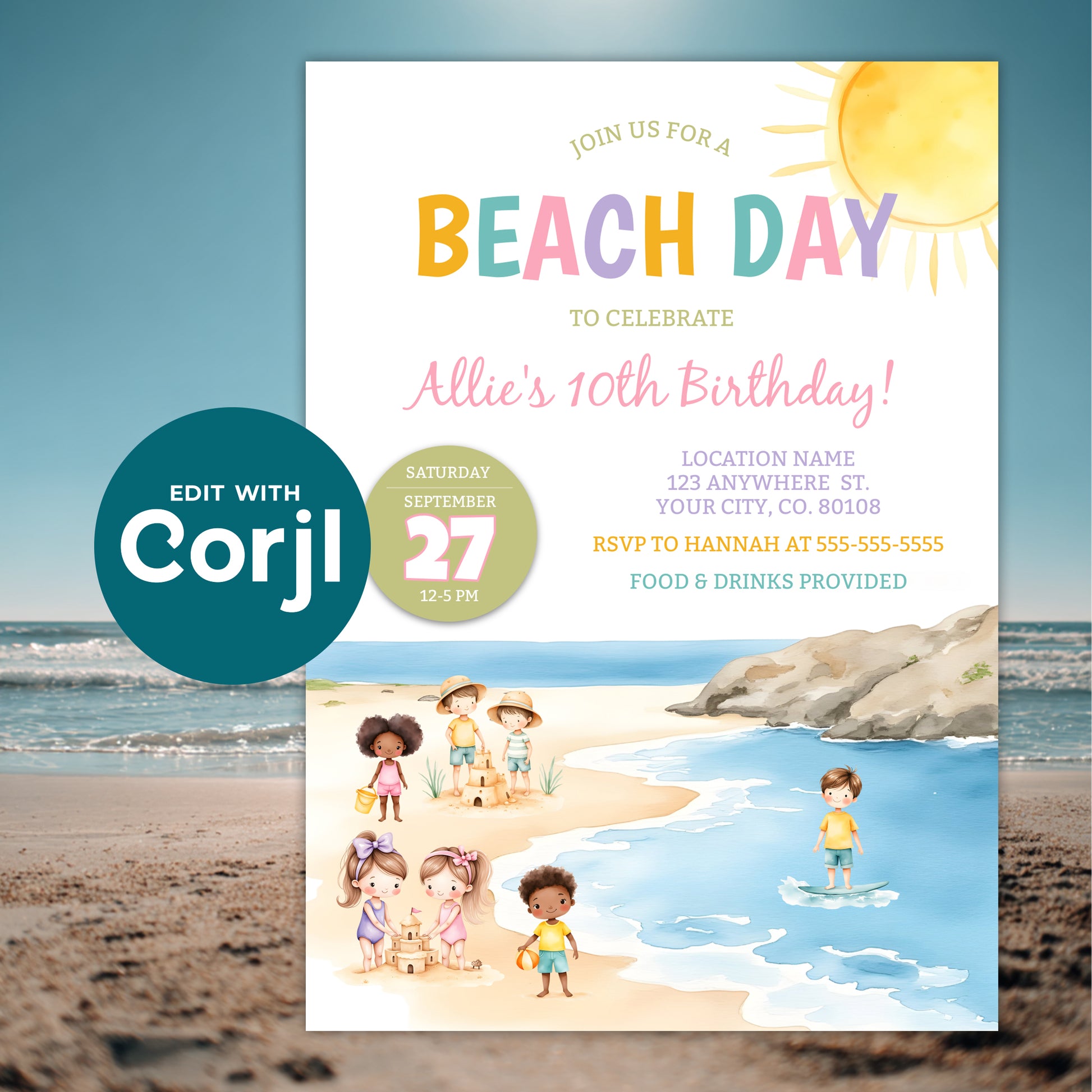 Beach birthday invitation template with ocean background, summer kids party invite with beach scene illustration, editable Corjl design