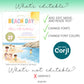 Editable beach birthday invitation template showing text editing, font and color customization allowed, graphics not editable, Corjl template