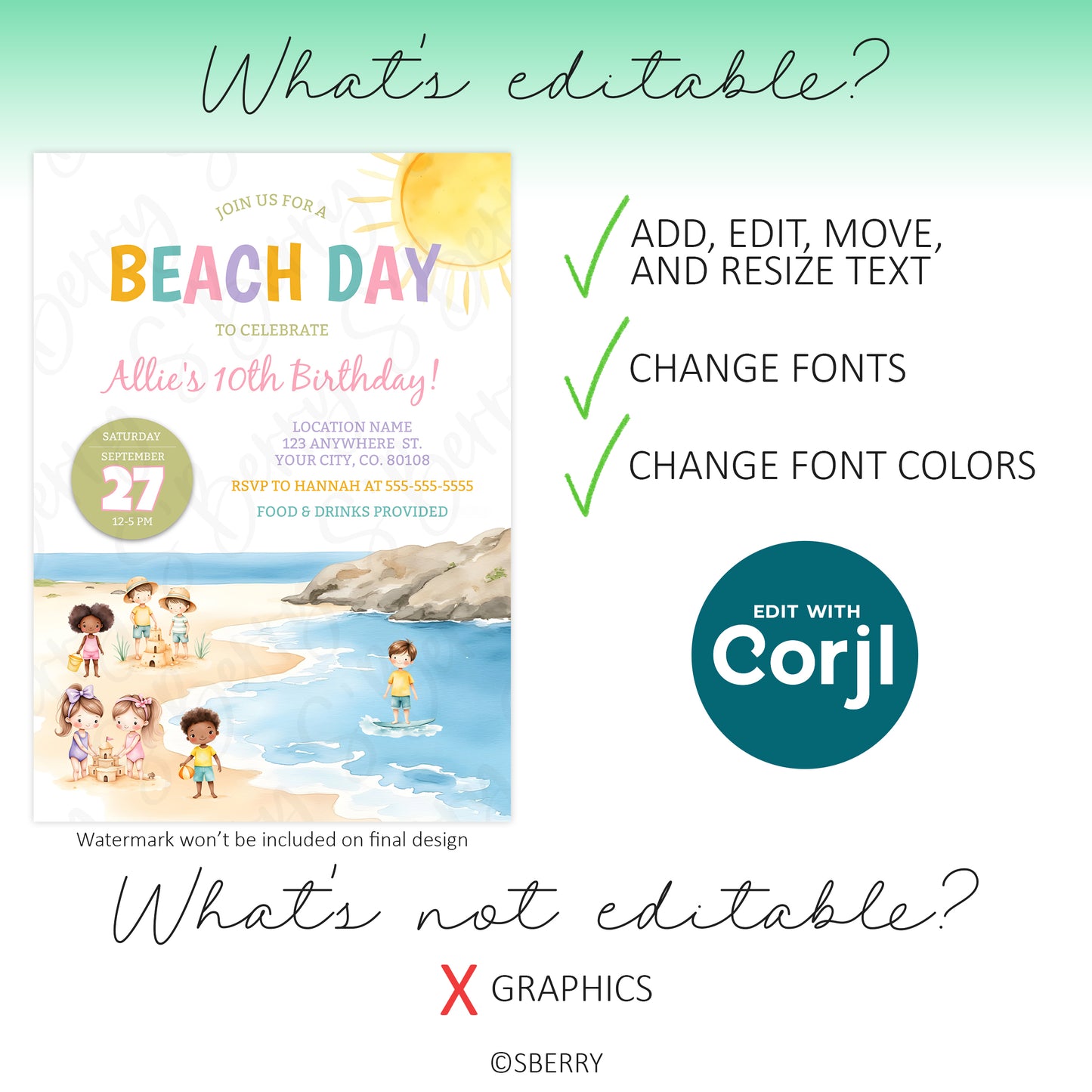 Editable beach birthday invitation template showing text editing, font and color customization allowed, graphics not editable, Corjl template