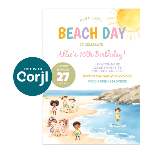 Printable beach birthday invitation with kids beach scene, ocean waves and sandcastle illustration, editable summer party invite
