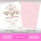 Farm birthday invitation with pink barn, animals and cake illustration on front and pink gingham pattern on back, barnyard party invite