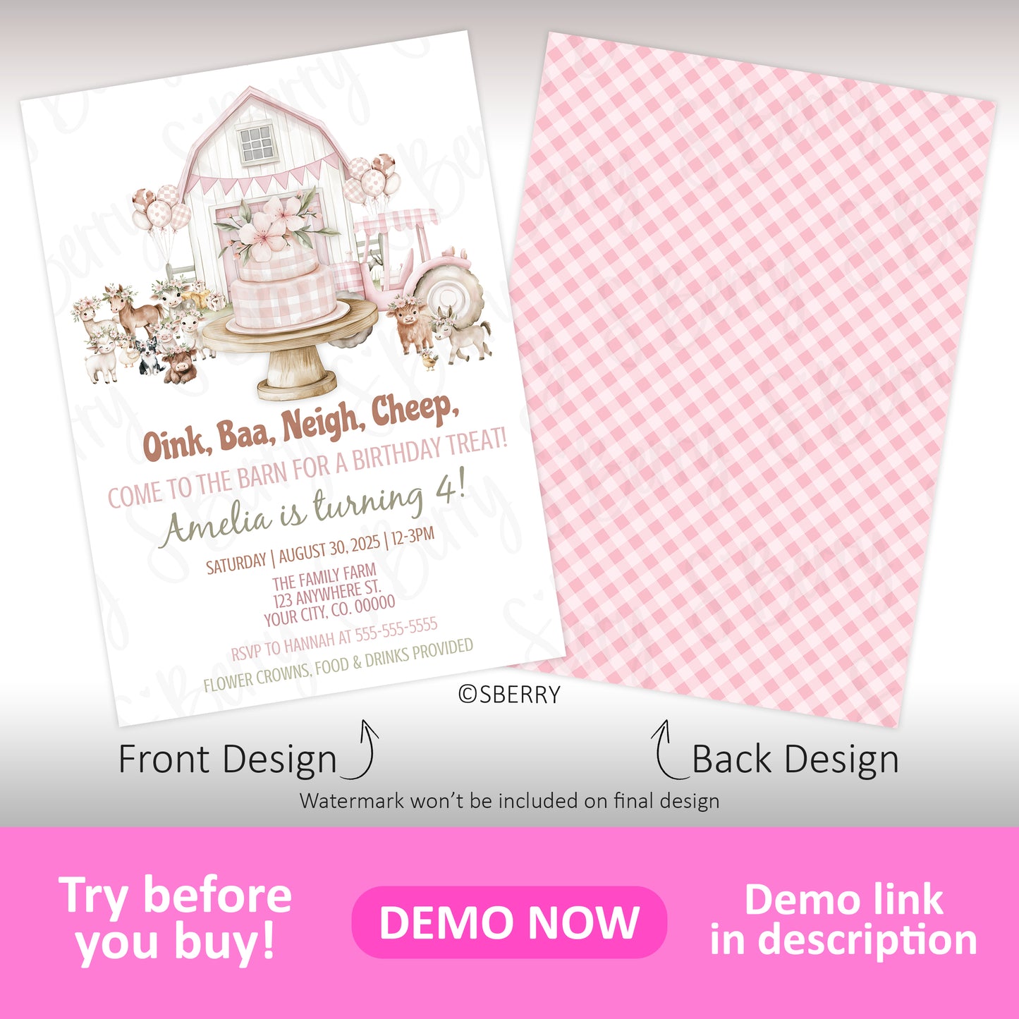 Farm birthday invitation with pink barn, animals and cake illustration on front and pink gingham pattern on back, barnyard party invite