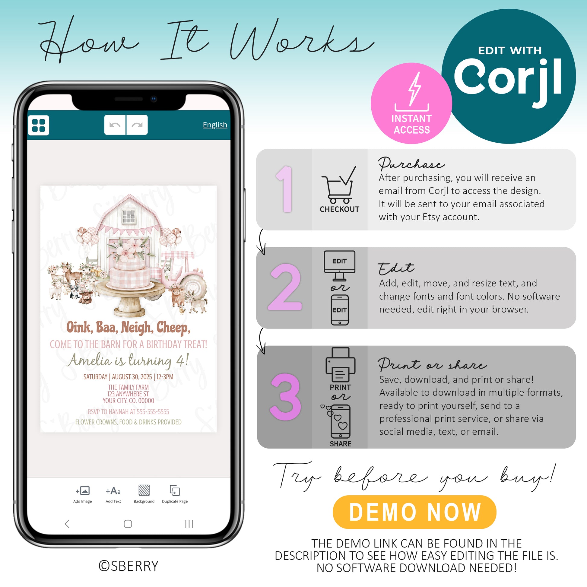 How to edit farm birthday invitation template in Corjl on mobile phone, instant download barnyard invite, customize and print or share