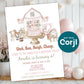 Pink farm birthday invitation template with barn, animals and cake, girly barnyard party invite with balloons background, editable Corjl design
