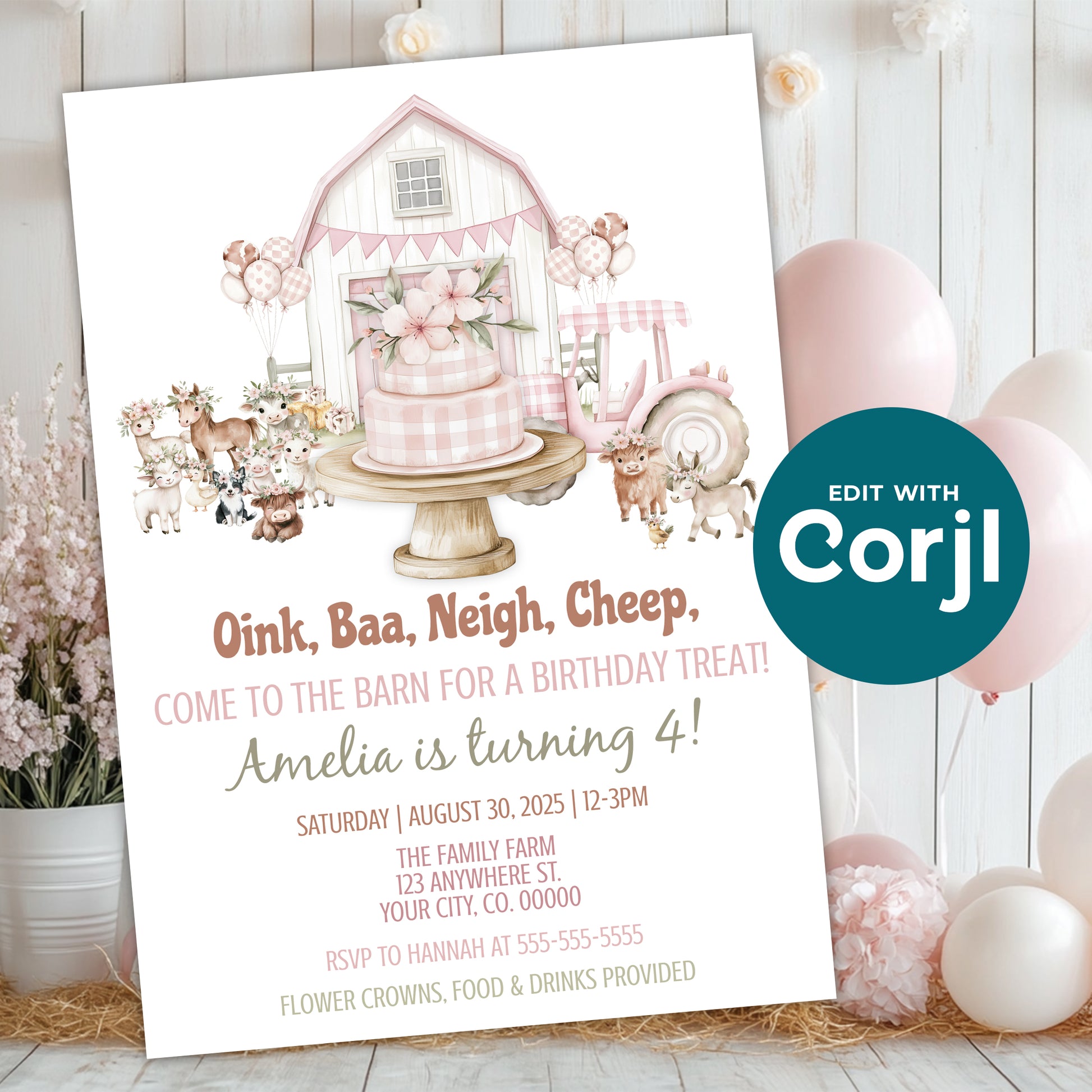Pink farm birthday invitation template with barn, animals and cake, girly barnyard party invite with balloons background, editable Corjl design