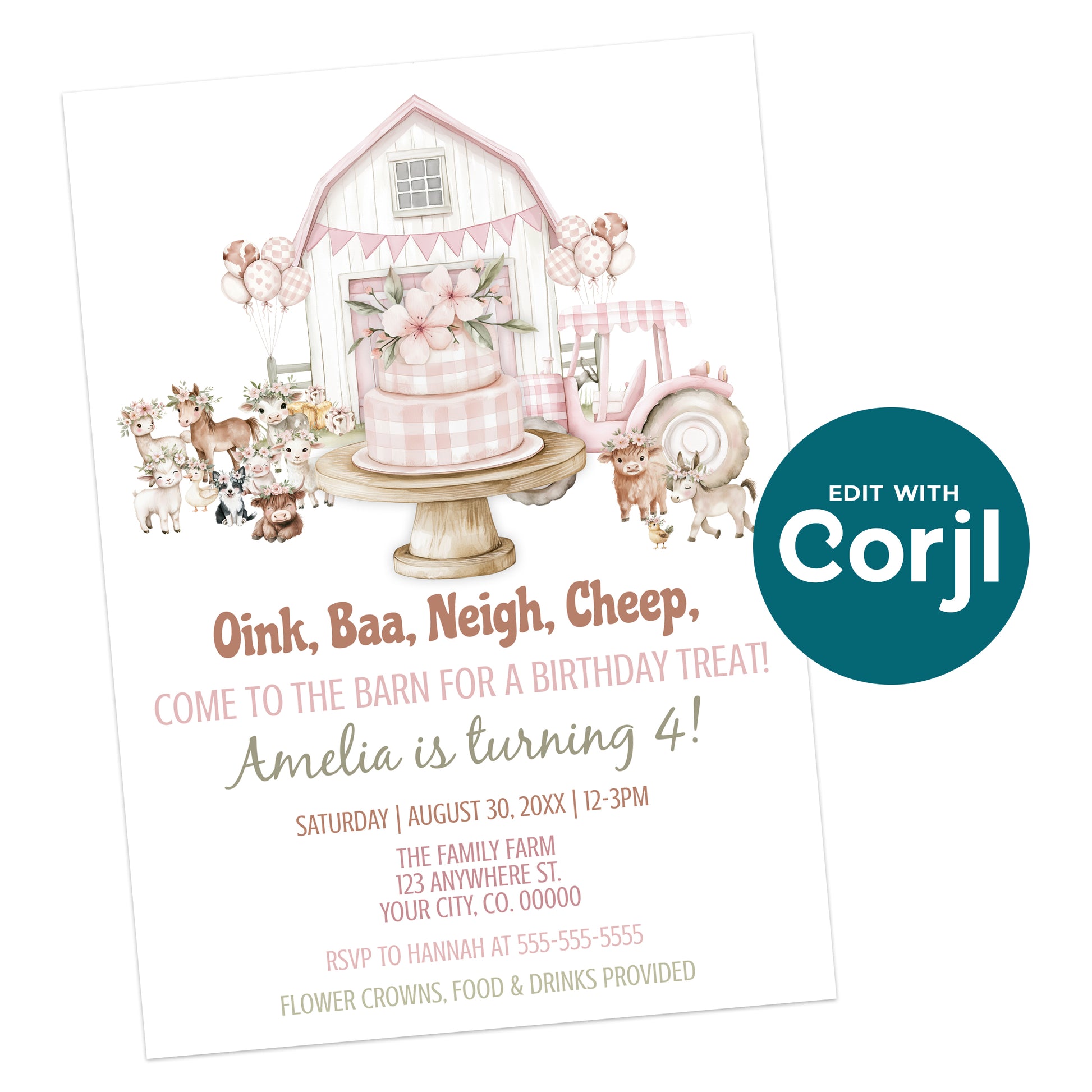 Printable farm birthday invitation with pink barn, tractor, animals and cake, editable barnyard birthday invite for girls