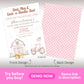 Pink farm birthday invitation front and back design with barn, tractor, hay bale and gingham pattern, girly barnyard party invite template