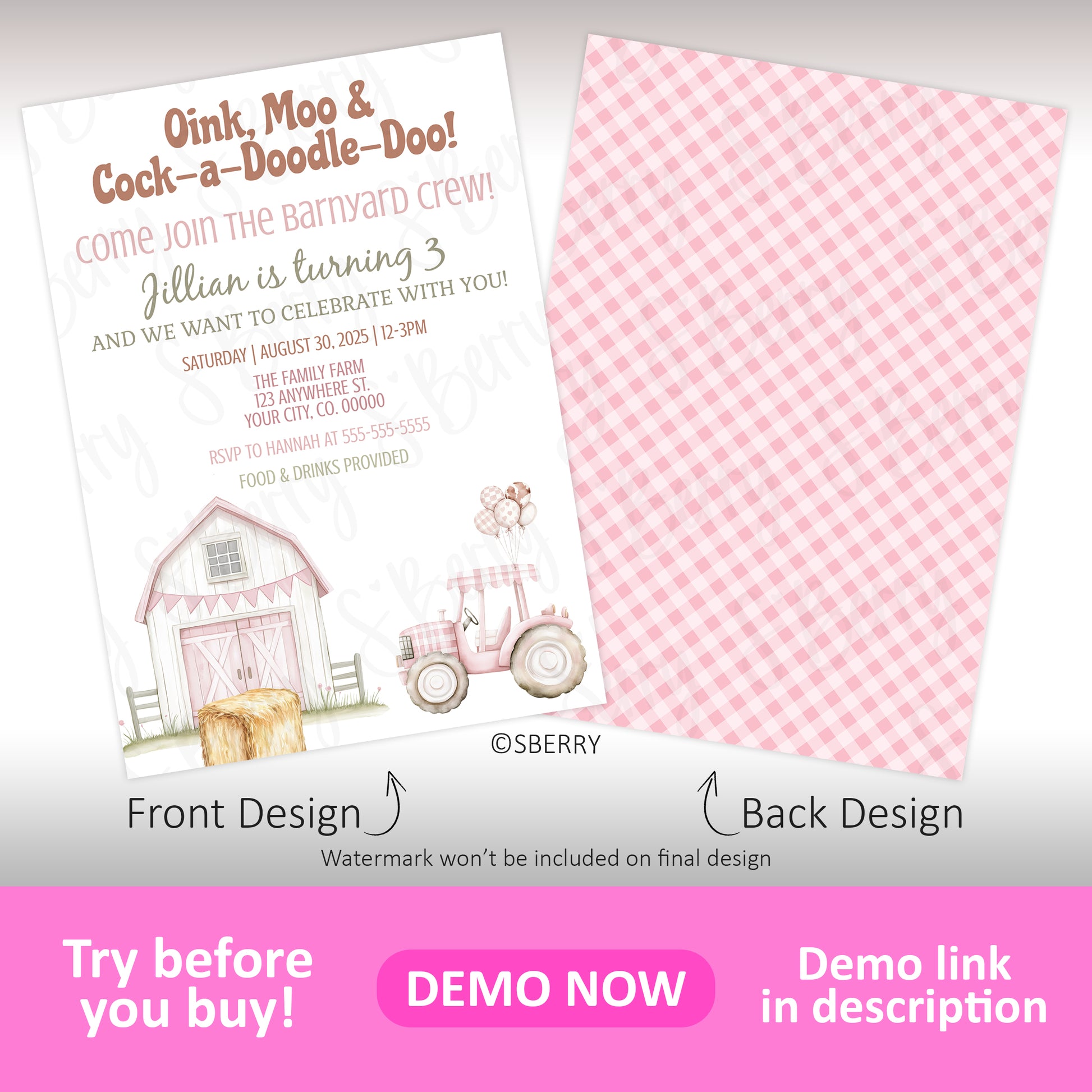 Pink farm birthday invitation front and back design with barn, tractor, hay bale and gingham pattern, girly barnyard party invite template