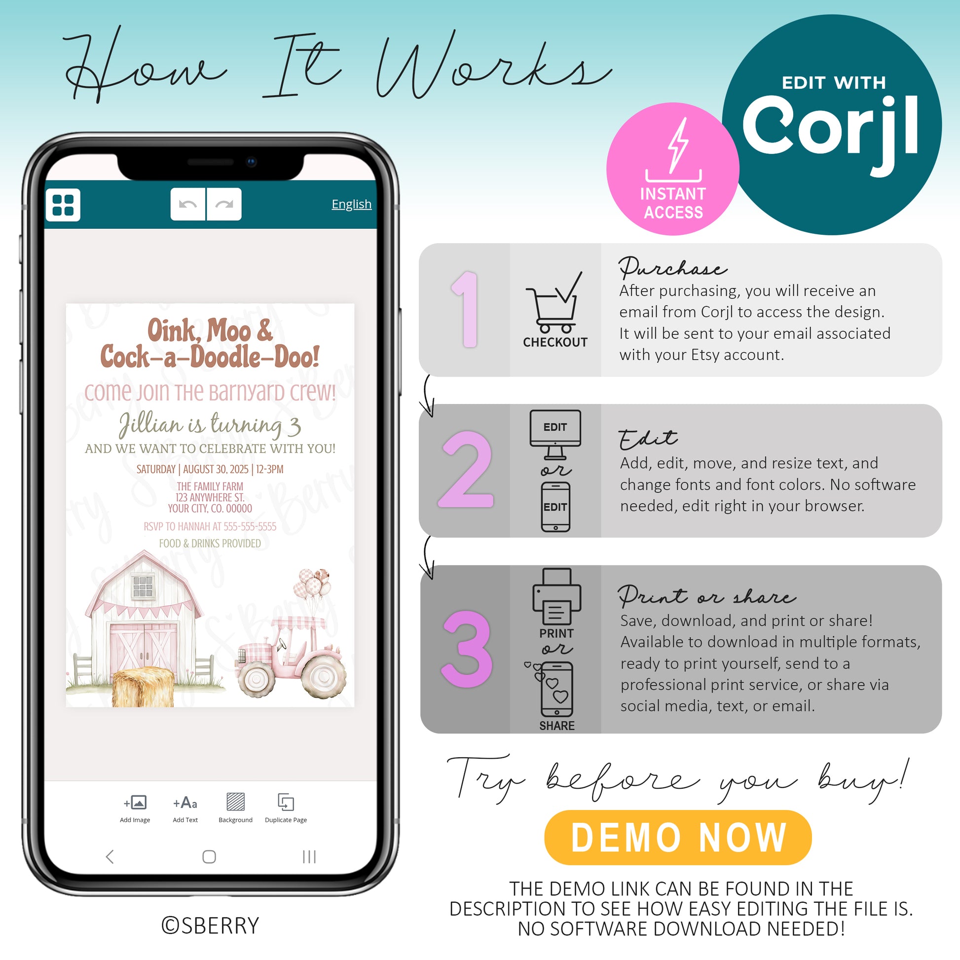 How to edit farm birthday invitation in Corjl on phone, instant access editable barnyard invite template, customize and download instructions