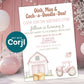Pink barnyard birthday invitation with farm animals, barn and tractor on girly party background with balloons, editable Corjl template