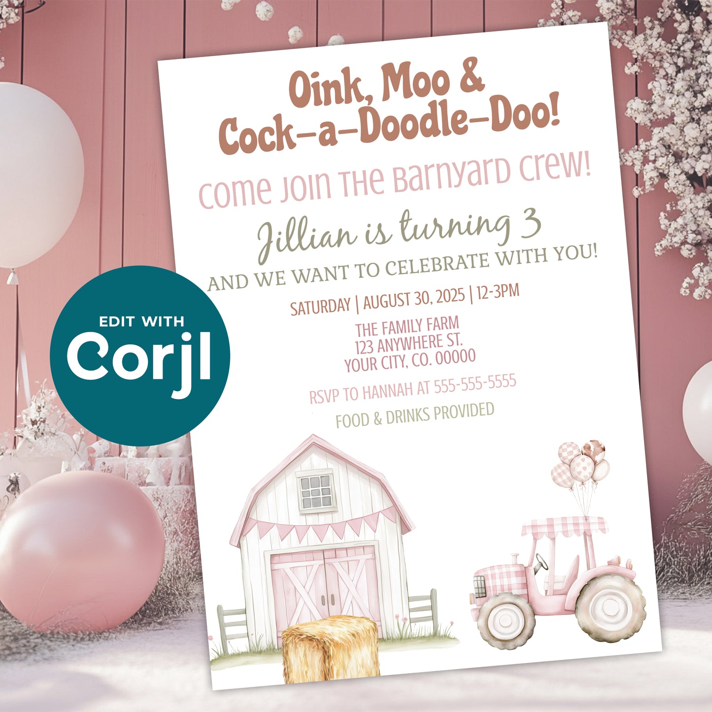 Pink barnyard birthday invitation with farm animals, barn and tractor on girly party background with balloons, editable Corjl template