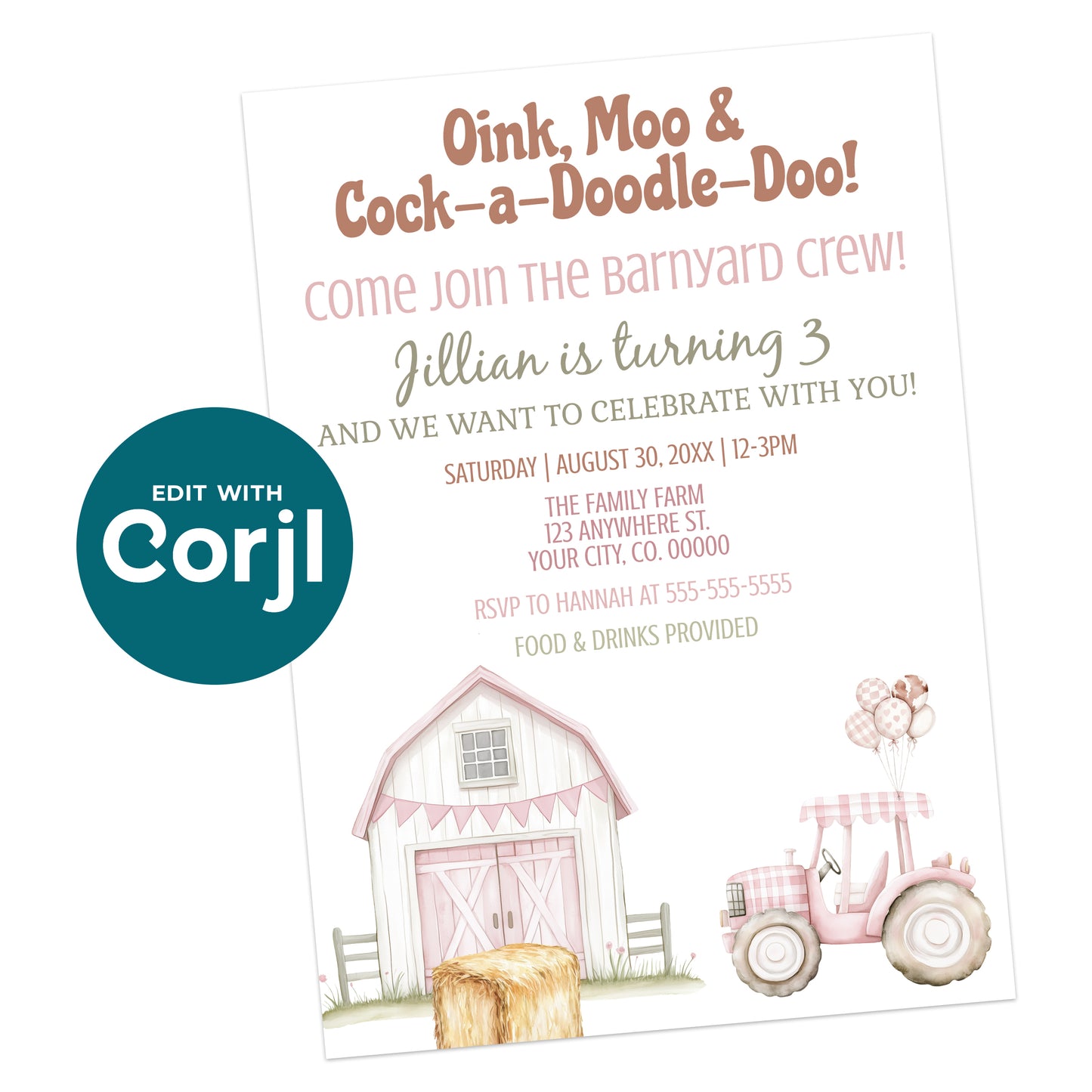 Printable pink farm birthday invitation with barn, tractor and hay bale illustration, girl barnyard birthday invite editable template