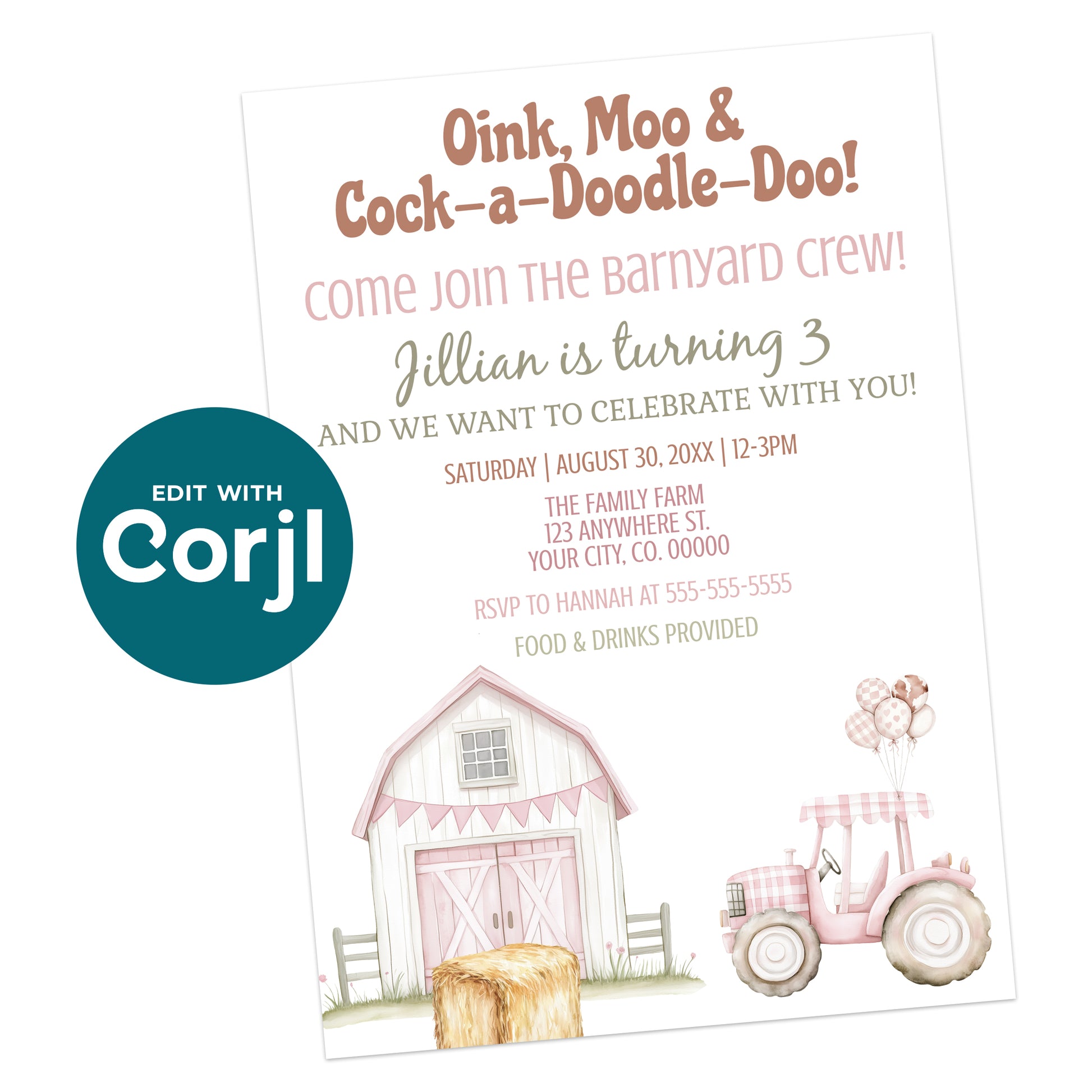 Printable pink farm birthday invitation with barn, tractor and hay bale illustration, girl barnyard birthday invite editable template