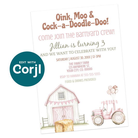 Printable pink farm birthday invitation with barn, tractor and hay bale illustration, girl barnyard birthday invite editable template