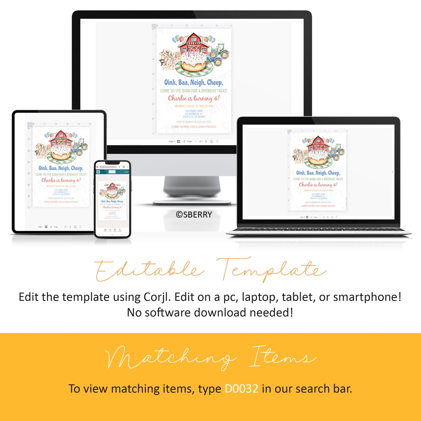 Editable farm birthday invitation template shown on desktop, laptop, tablet and phone, barnyard birthday invite Corjl instant download