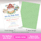 Farm birthday invitation with red barn, animals, cake and tractor illustration with green gingham back design, barnyard party invite template