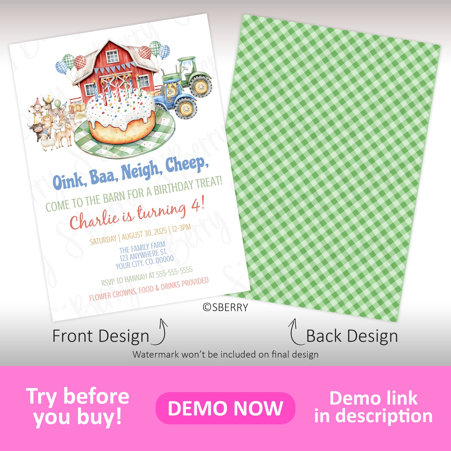 Farm birthday invitation with red barn, animals, cake and tractor illustration with green gingham back design, barnyard party invite template