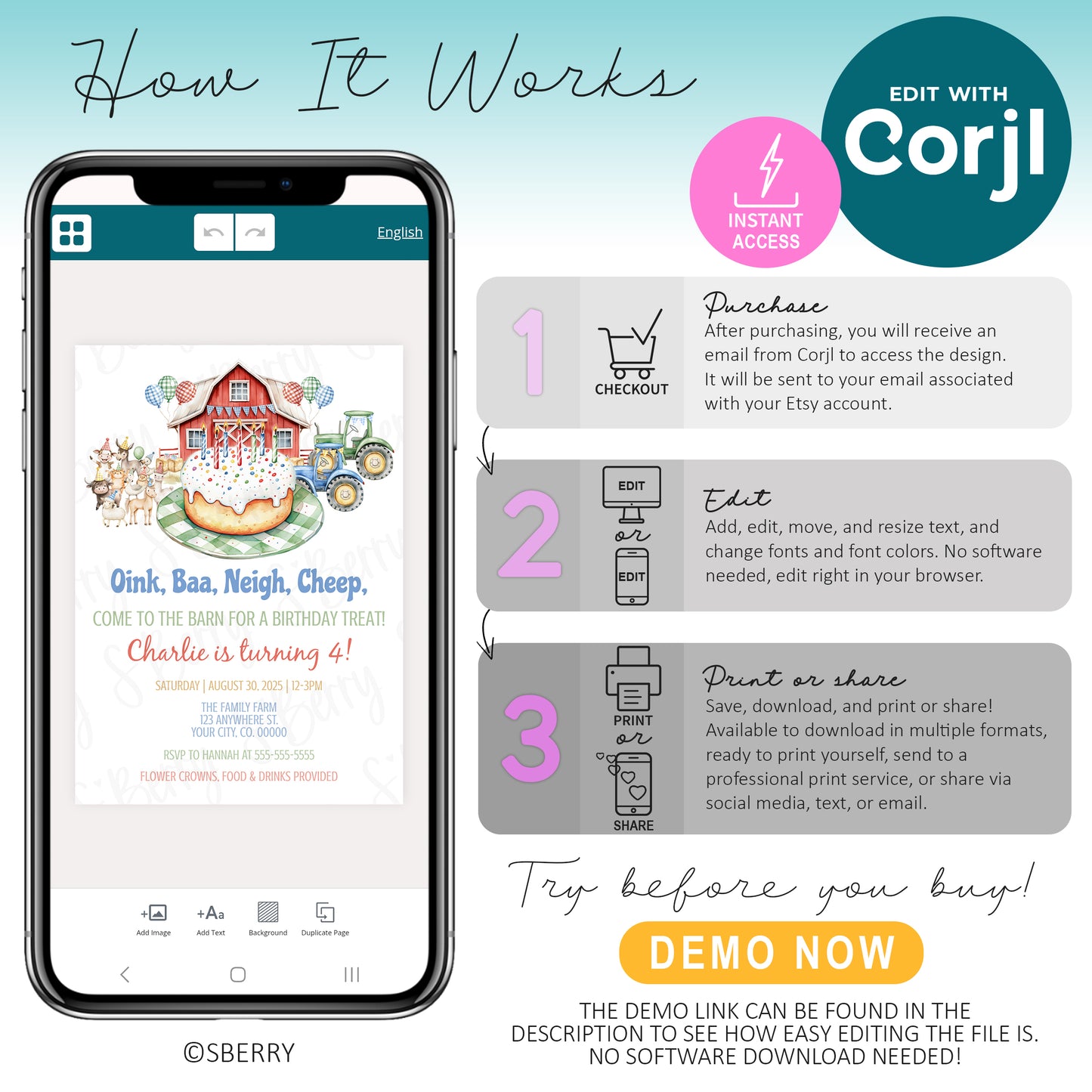 How to edit farm birthday invitation template in Corjl on phone, instant access editable barnyard invite, customize and download instructions