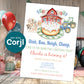 Farm birthday invitation with barn, tractors, animals and birthday cake on rustic party background with balloons, editable Corjl template